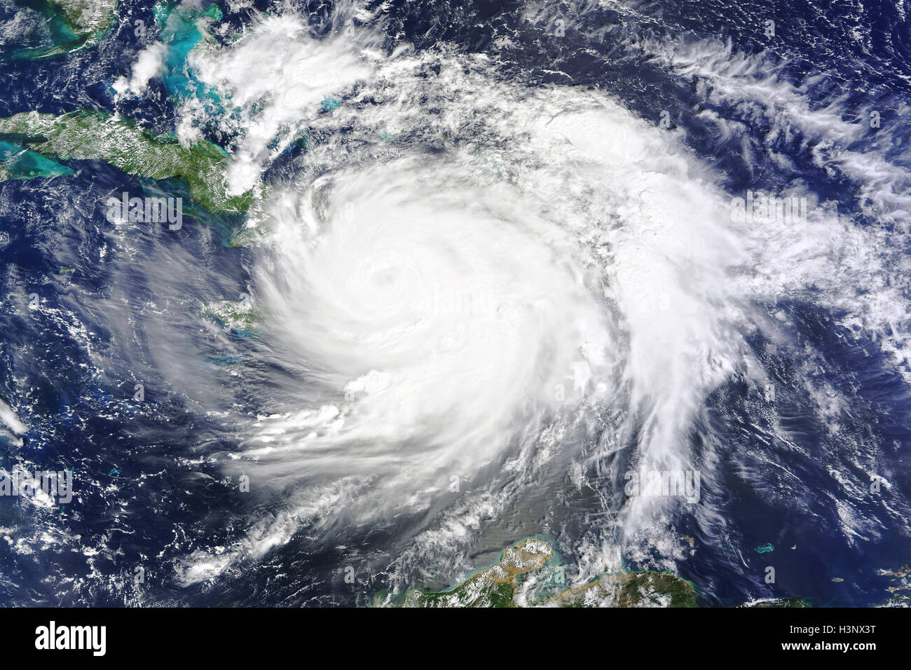 Hurricane Matthew is seen over the island of Hispaniola, Haiti and the