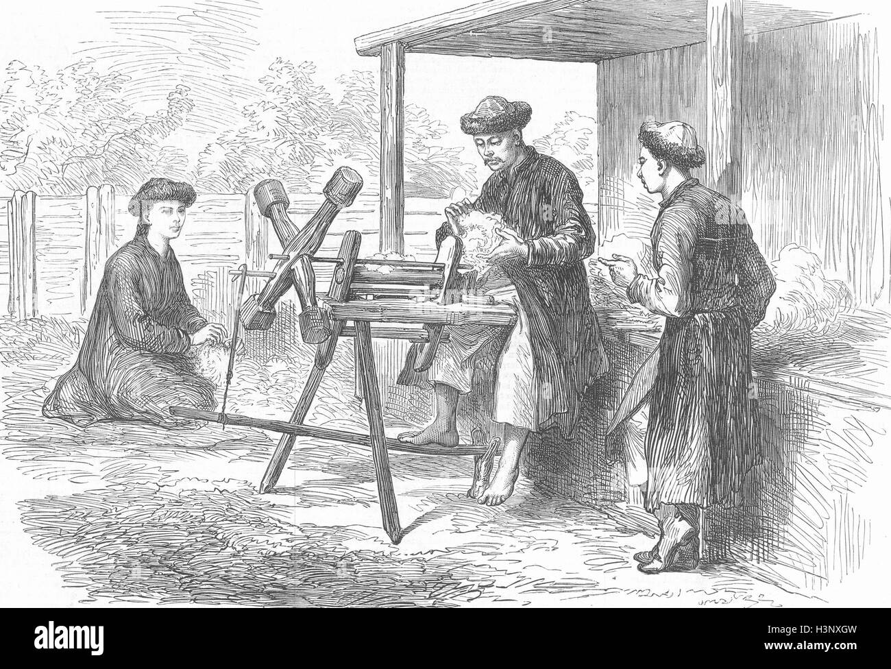 CHINA Cotton gin, Eastern Turkestan 1874. Illustrated London News Stock