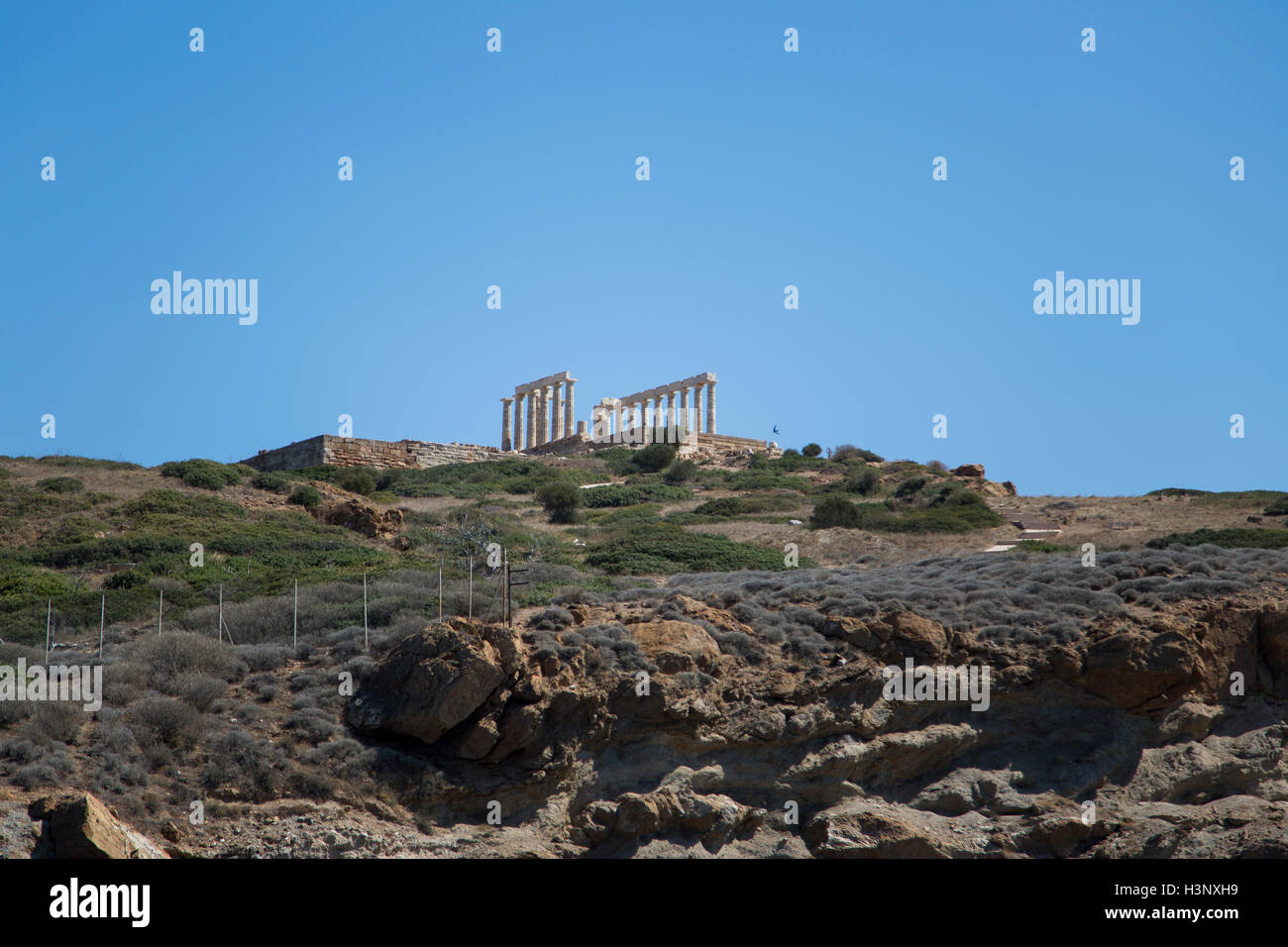 Seaview at Temple of Poseidon at Cape Sounion, Greece Stock Photo