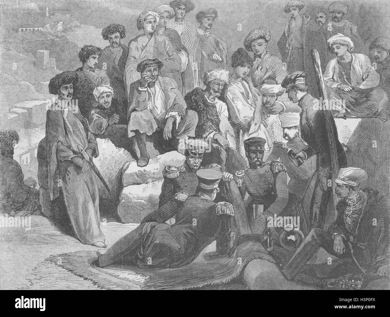 TRIBAL Circassian chiefs & Russian officers 1855. Illustrated Times Stock Photo
