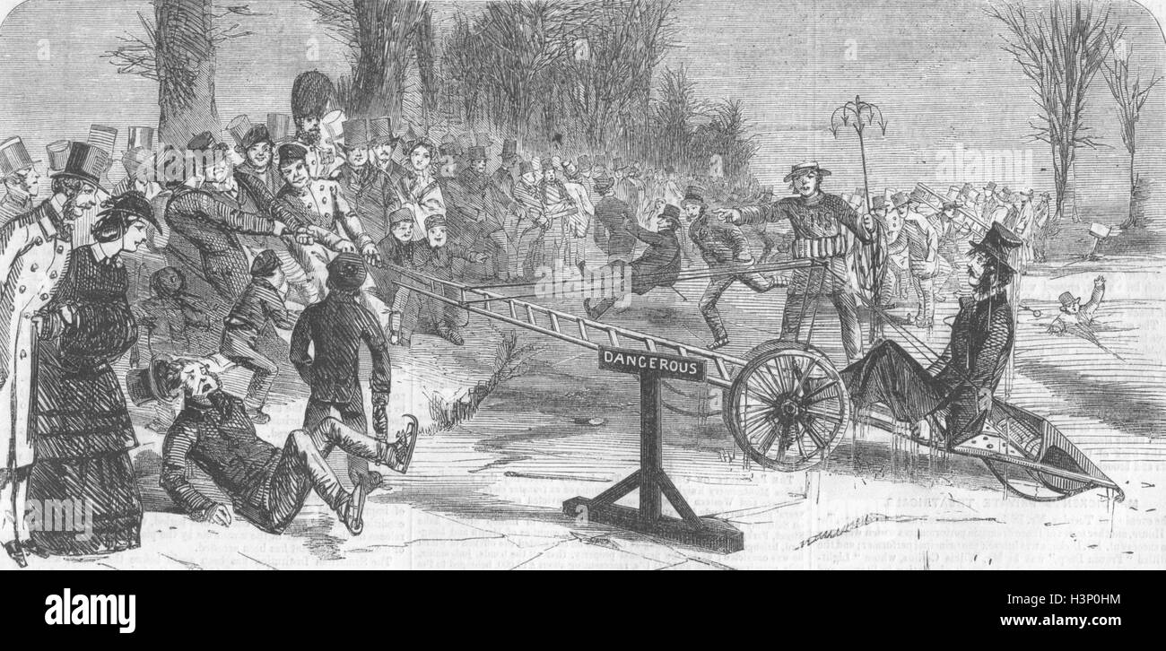 WINTER SPORTS Skating, parks Another man in! 1857. Illustrated Times Stock Photo