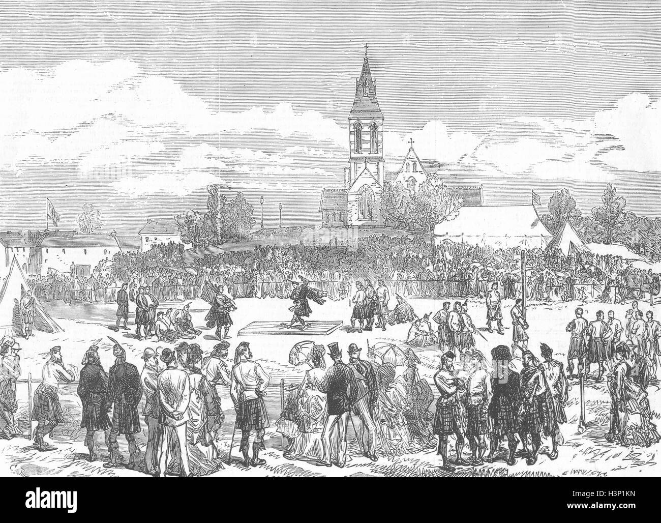 SCOTLAND Highland games Tossing caber 1874. Illustrated London News Stock Photo