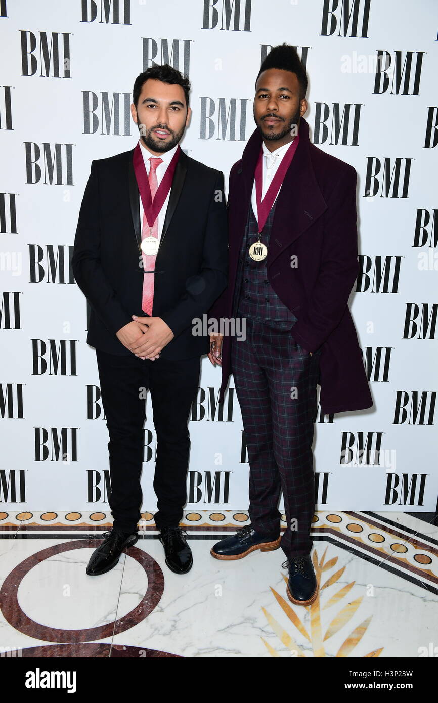 Disciples' Nathan Duvall and Luke McDermott attending the BMI London Awards at the Dorchester Hotel, London. PRESS ASSOCIATION Photo. Picture date: Monday 10th October, 2016. Photo credit should read: Ian West/PA Wire. Stock Photo