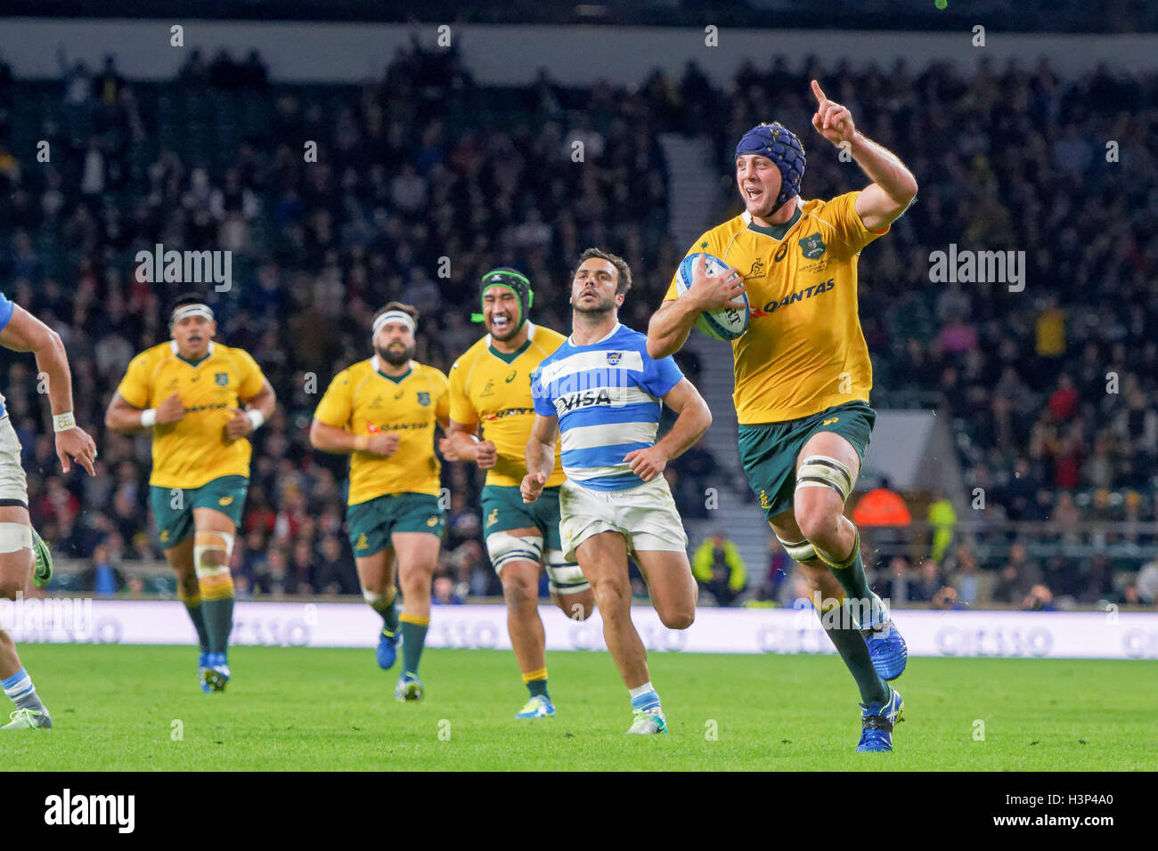 Australia's Dean Mumm (6) score a try during the rugby union test match ...