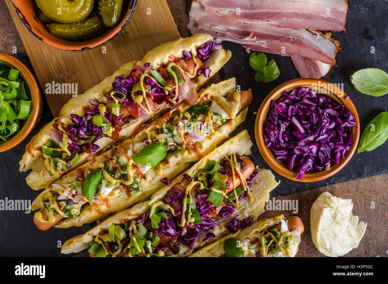 All beef hot dog with cabbage, bacon, cheese Stock Photo Alamy