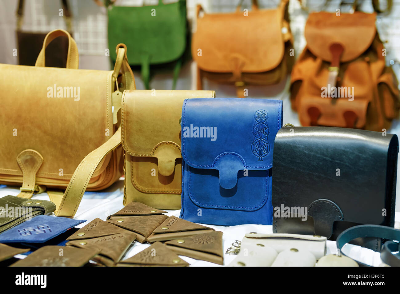Handmade leather bags in the Vilnius Christmas market in Lithuania