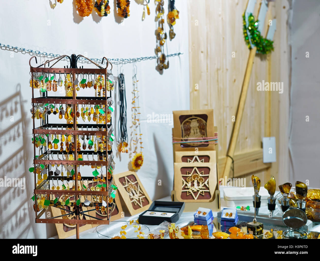 Amber souvenirs at the Vilnius Christmas market in Lithuania Stock