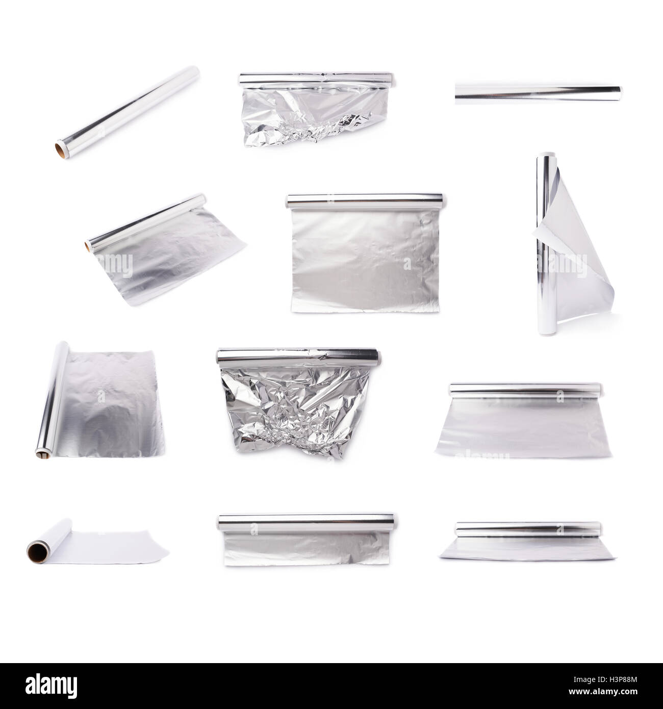 Set of roll of aluminium foil paper over isolated white background