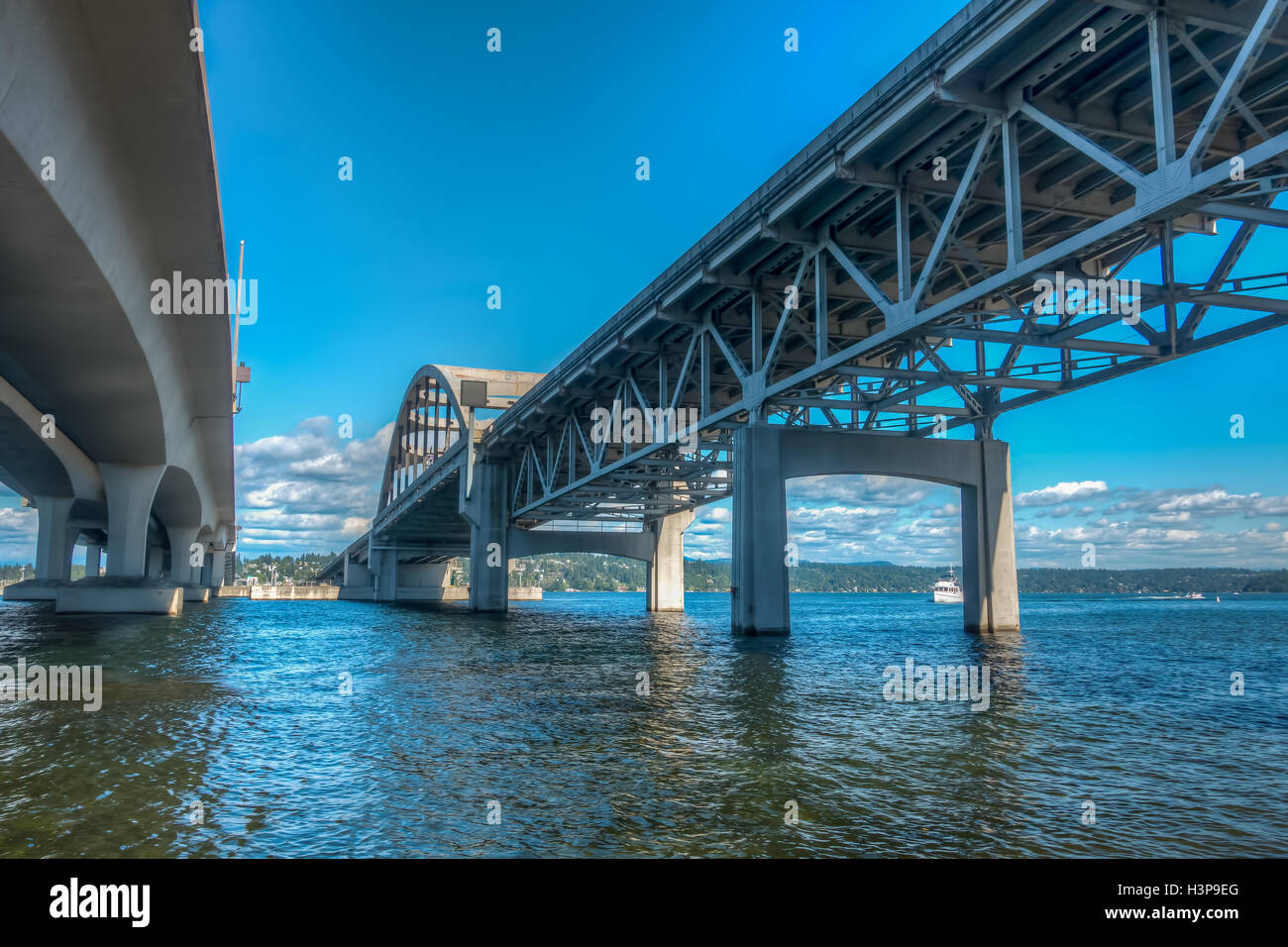 A view from beneath the I-90 bridge in Seattle, Washington. HDR image. Stock Photo