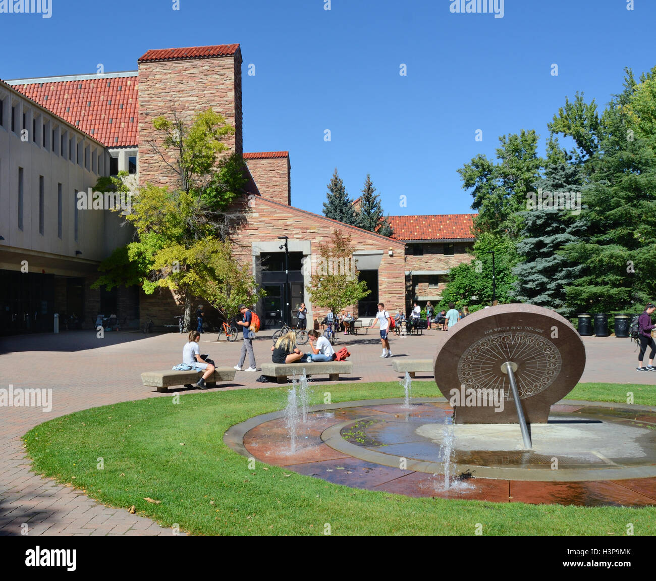 Students outside Norlin Library, University of Colorado, on a warm fall day. Stock Photo