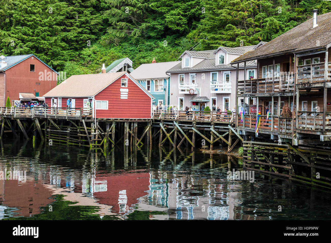 Houses in the former red-light district of Ketchikan on banks of Ketchikan Creek in Alaska Stock Photo