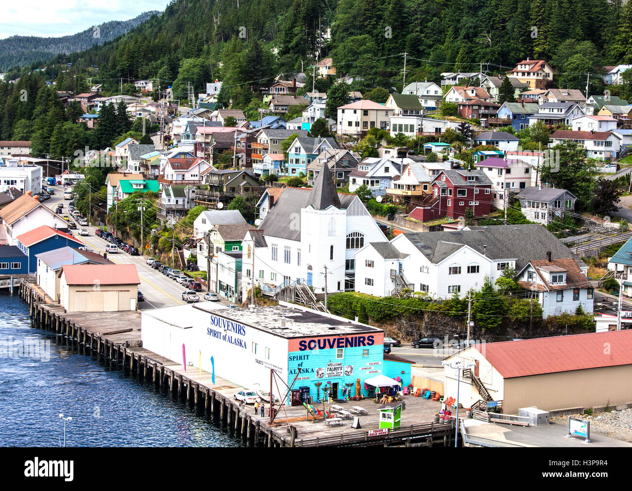 Ketchikan in Alaska hosts many cruise ships and lives by tourism Stock Photo