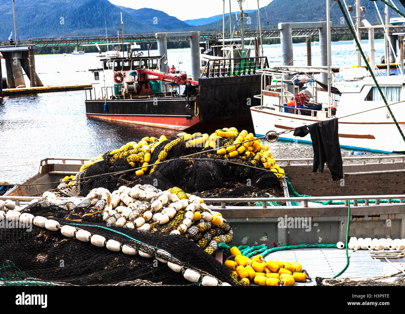 Salmon fishing boats with nets preparing to sail Stock Photo