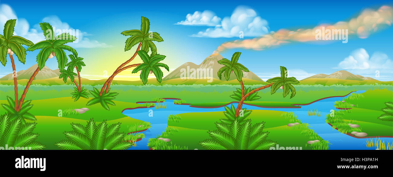 A cartoon prehistoric background Jurassic scene landscape Stock Photo