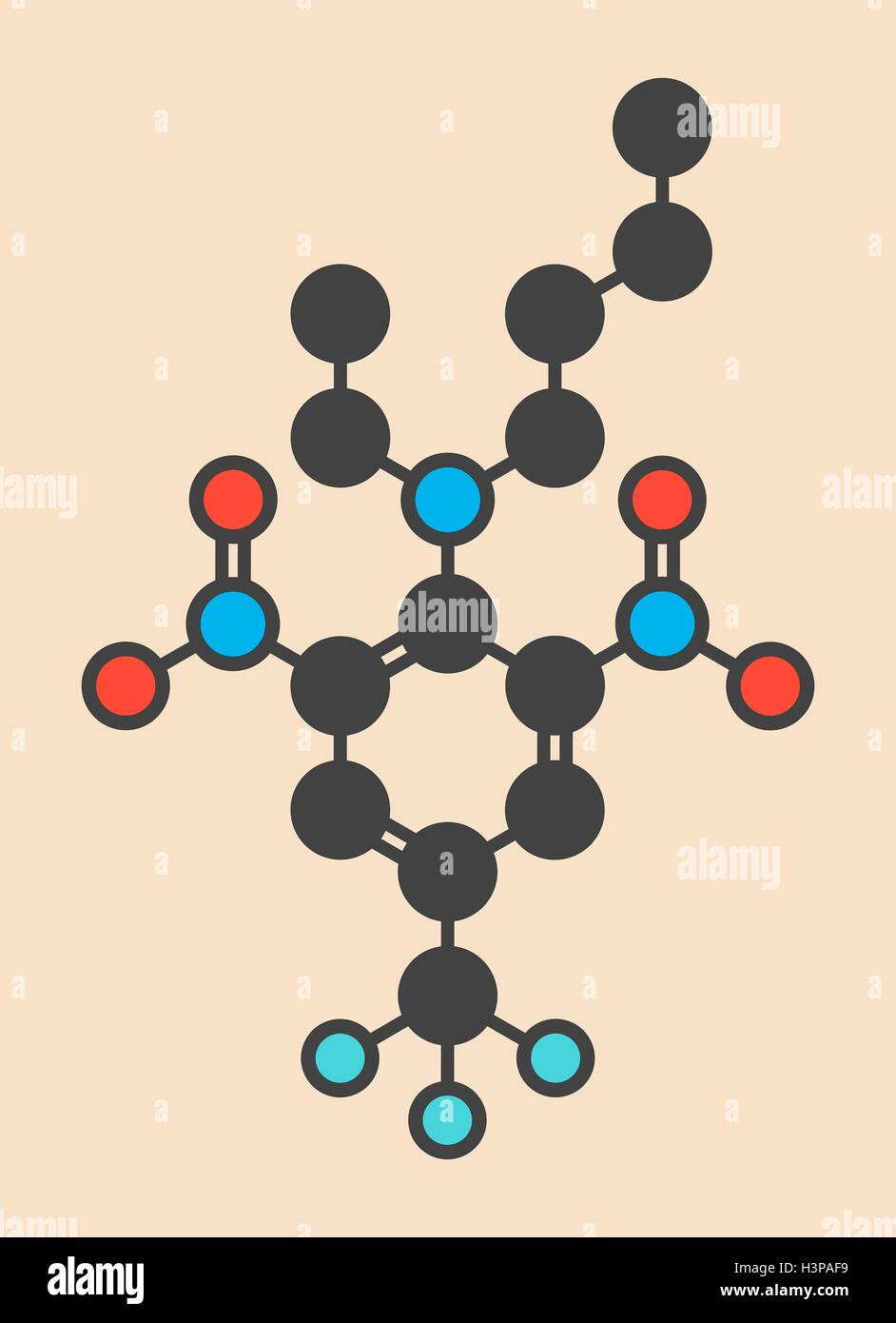Benfluralin herbicide molecule. Stylized skeletal formula (chemical structure). Atoms are shown as color-coded circles: hydrogen (hidden), carbon (grey), oxygen (red), nitrogen (blue), fluorine (cyan). Stock Photo