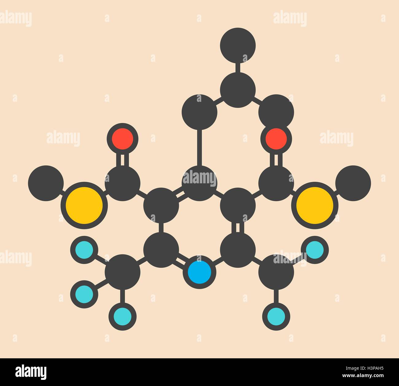 Dithiopyr preemergent herbicide molecule. Stylized skeletal formula (chemical structure). Atoms are shown as color-coded circles: hydrogen (hidden), carbon (grey), oxygen (red), nitrogen (blue), sulphur (yellow), fluorine (fluorine). Stock Photo