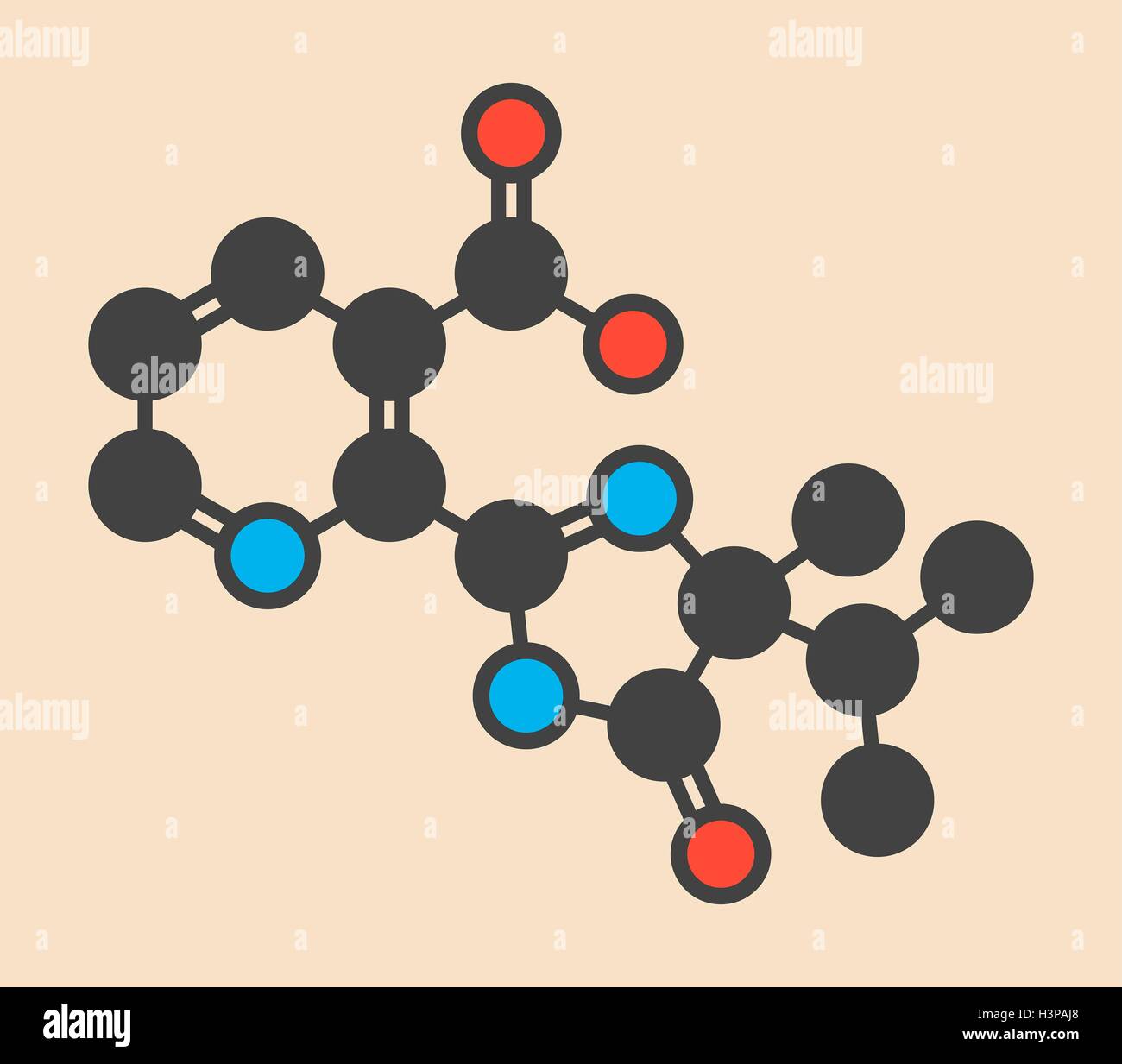 Imazapyr herbicide molecule. Stylized skeletal formula (chemical structure). Atoms are shown as color-coded circles: hydrogen (hidden), carbon (grey), nitrogen (blue), oxygen (red). Stock Photo