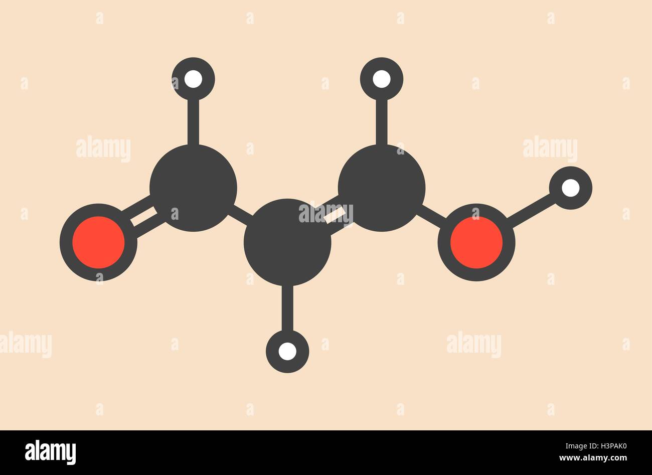 Malondialdehyde (MDA, enol form) molecule. Marker of oxidative stress and naturally produced during the lipid peroxidation of polyunsaturated fatty acids. Stylized skeletal formula (chemical structure). Atoms are shown as color-coded circles: hydrogen (white), carbon (grey), oxygen (red). Stock Photo