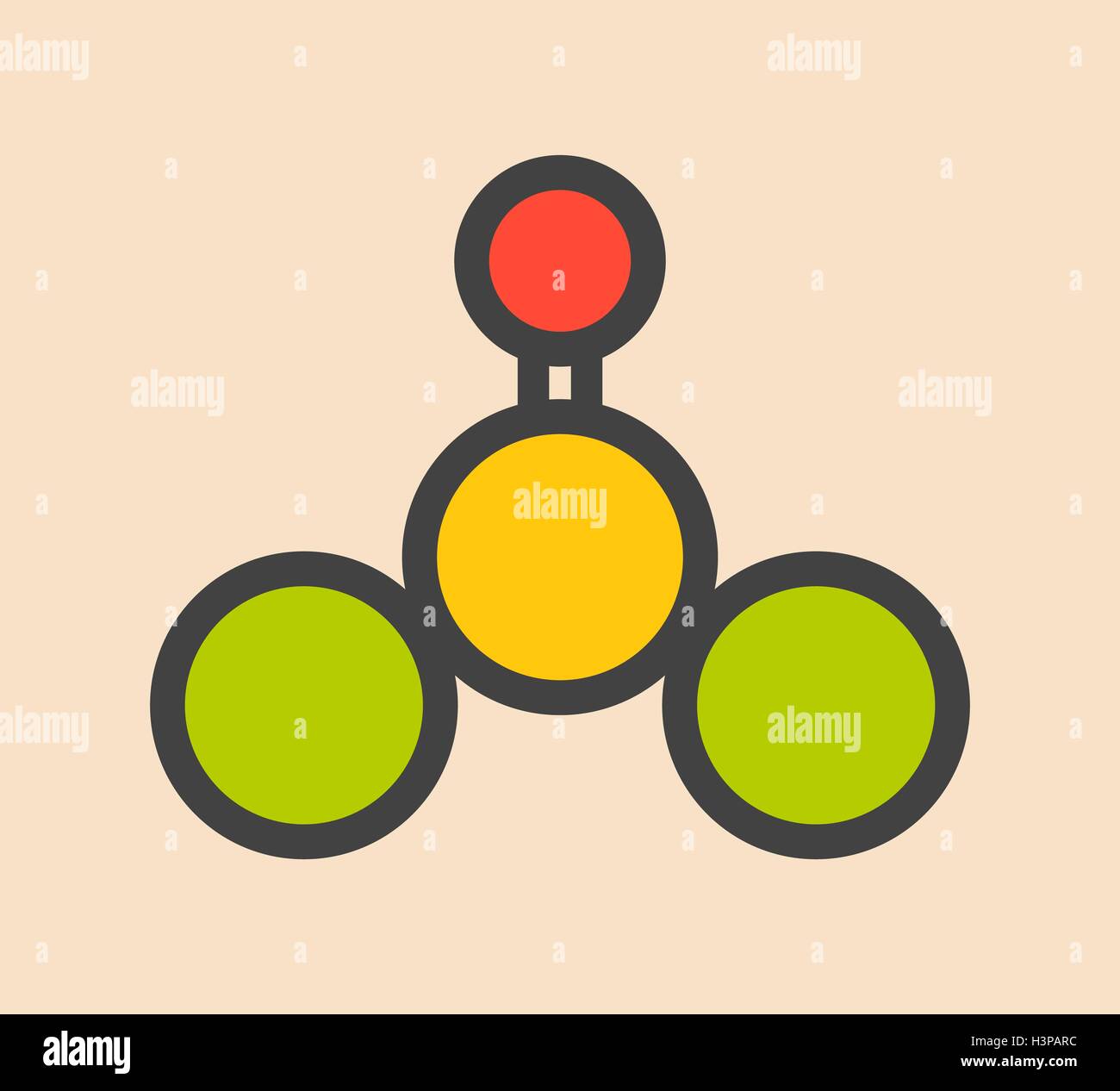 Thionyl chloride (SOCl2) chemical reagent molecule. Stylized skeletal