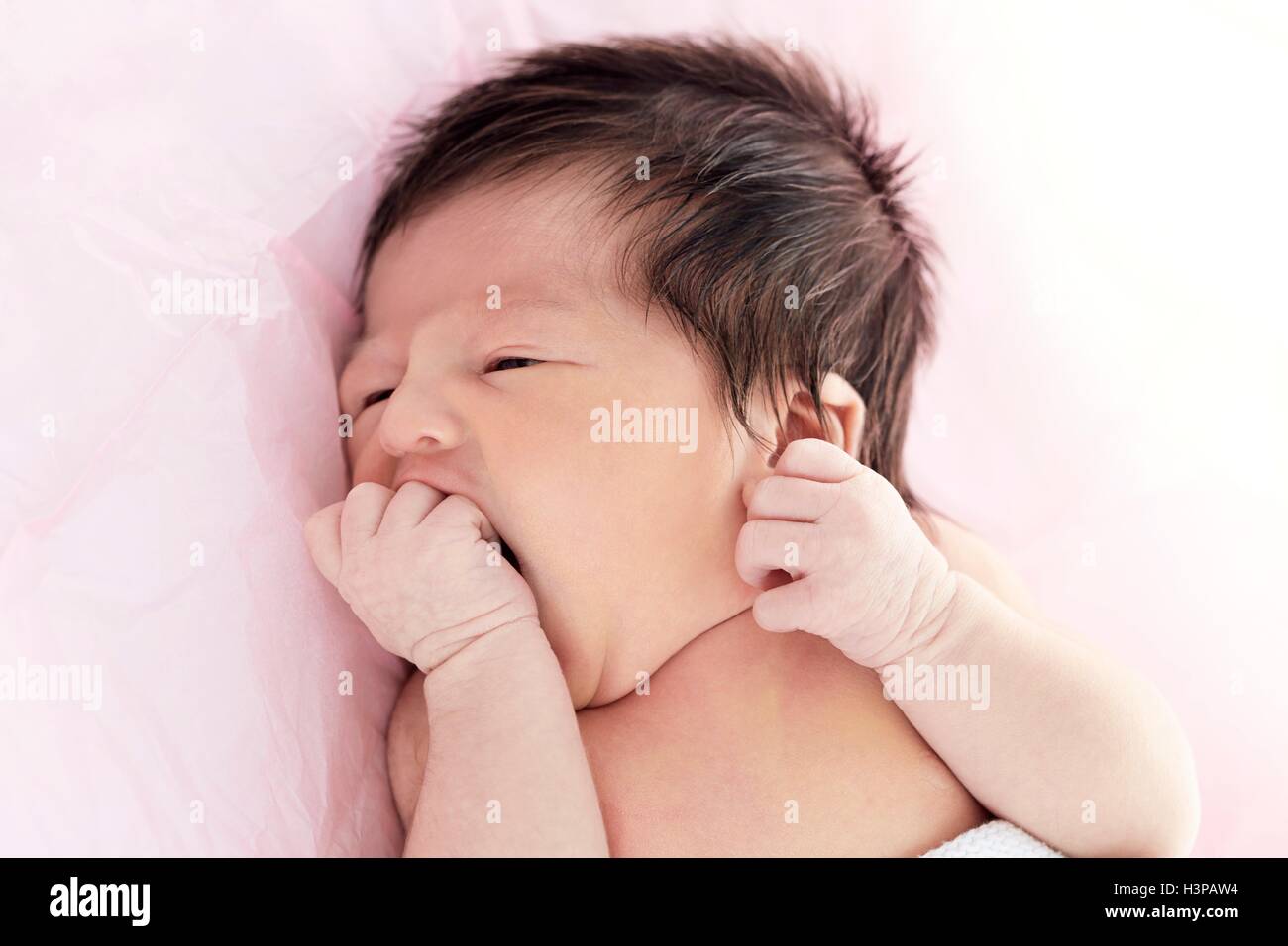 MODEL RELEASED. Newborn baby girl with hand in mouth. Stock Photo