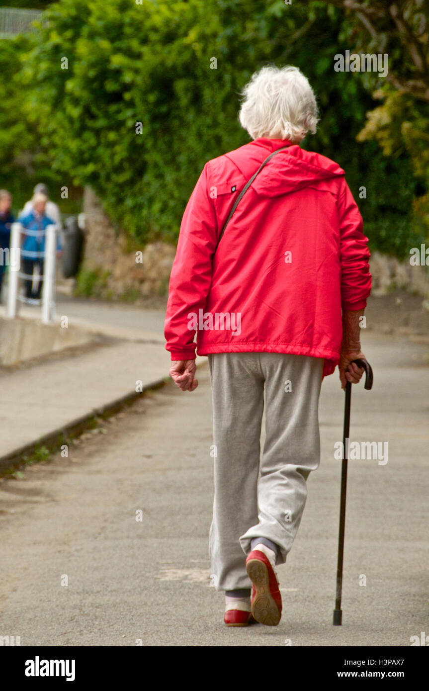 Woman walking with walking stick, rear view Stock Photo - Alamy