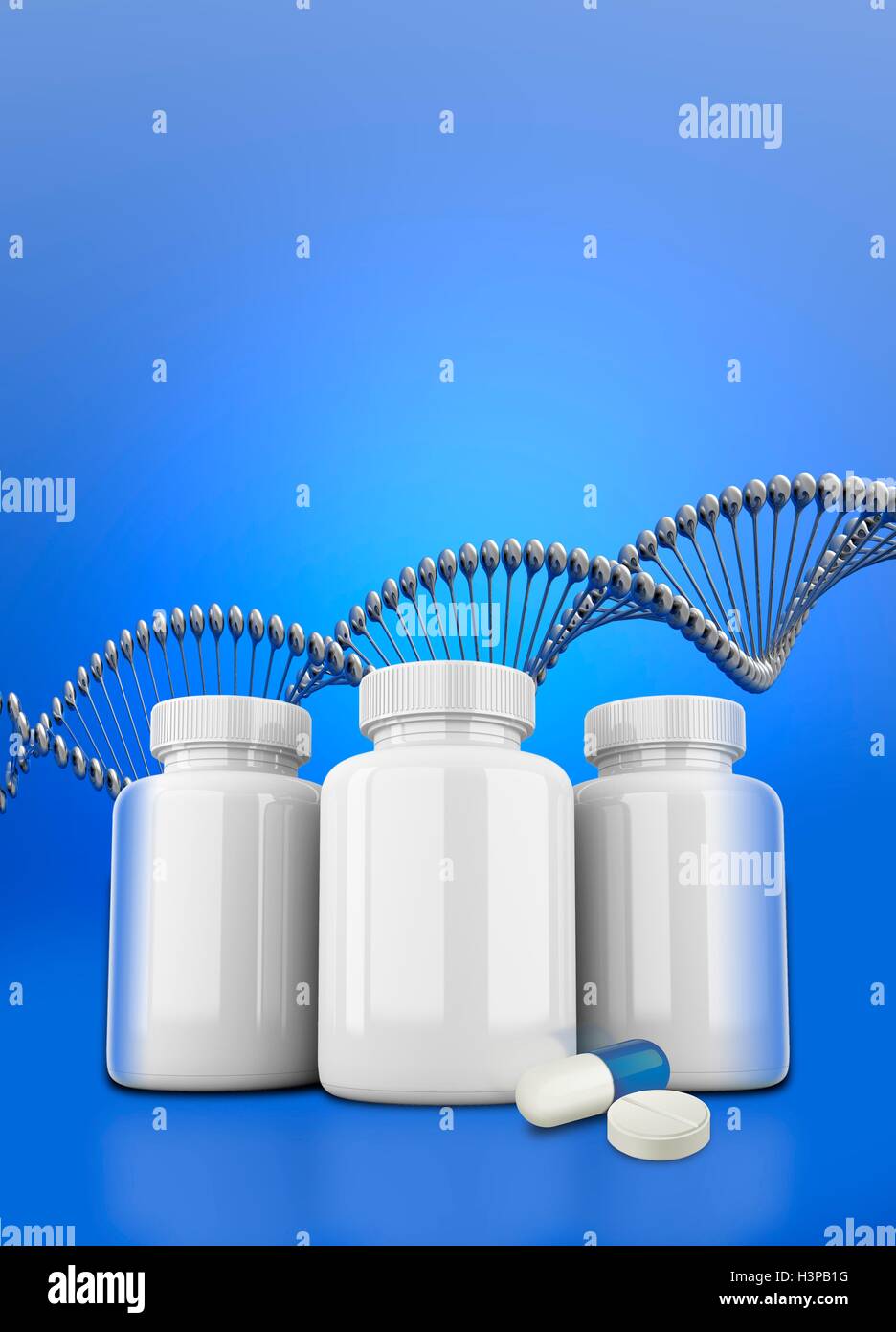 Generic drugs bottles and deoxyribonucleic acid strand, illustration. Stock Photo