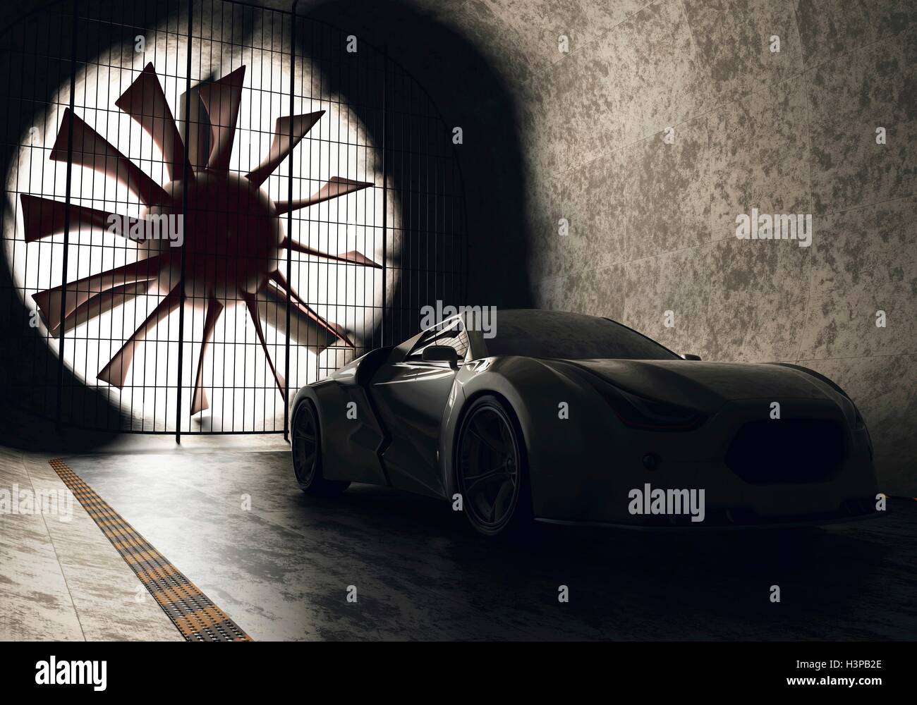 Sports car in wind tunnel, illustration. Stock Photo