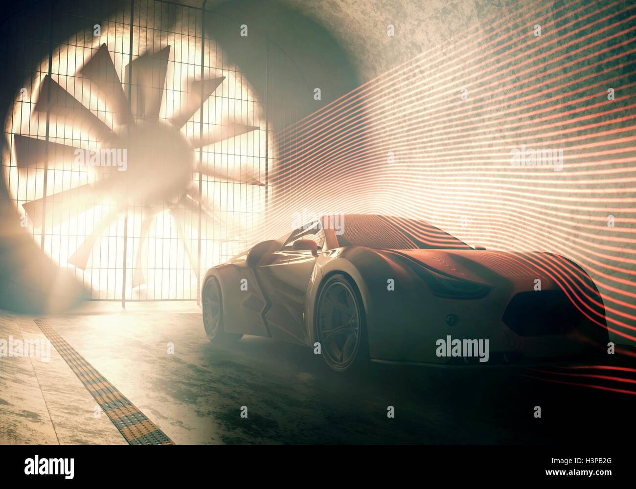 Sports car in wind tunnel, illustration. Stock Photo