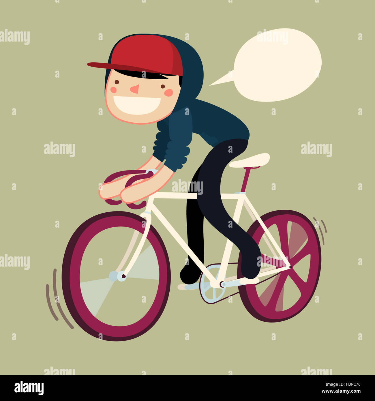 boy riding bike cartoon character. hipster rider saying. vector  illustration Stock Photo - Alamy