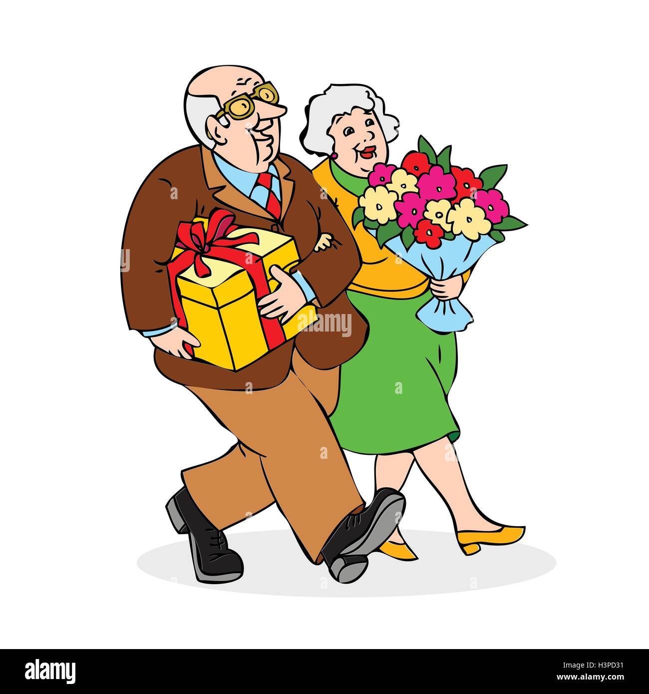 Happy elderly couple with a bouquet of flowers and a gift. Funny older man and a woman go on celebration. Festively dressed old  Stock Vector