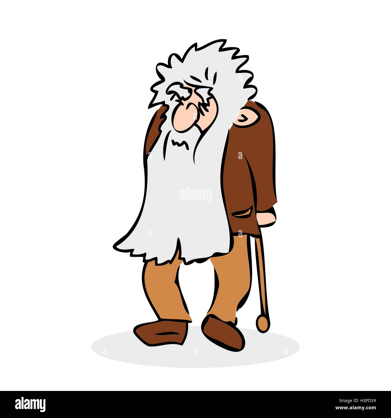 Funny old man with hat and walking cane. Grandfather with a long beard. Colorful cartoon vector illustration on white background Stock Vector