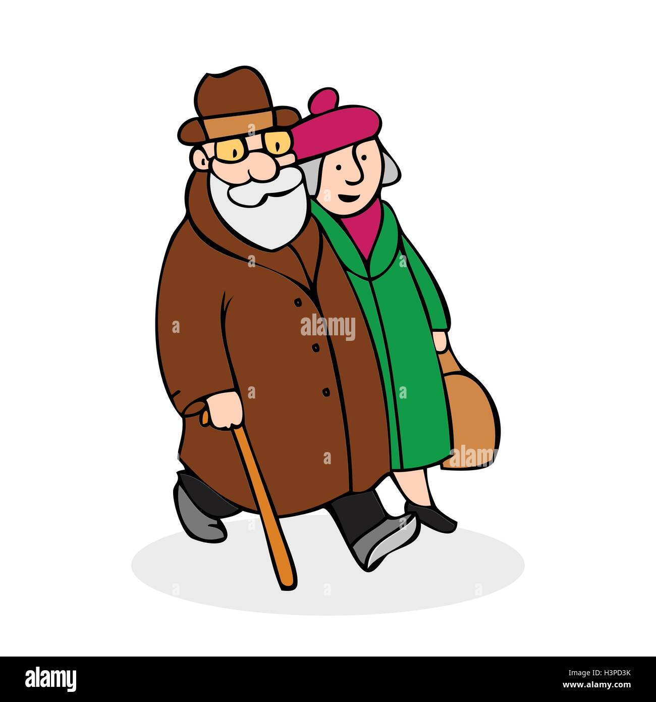 Happy elderly couple walking. Funny older man with a cane and a hat and woman in a beret and with a bag walk. Old couple dressed Stock Vector