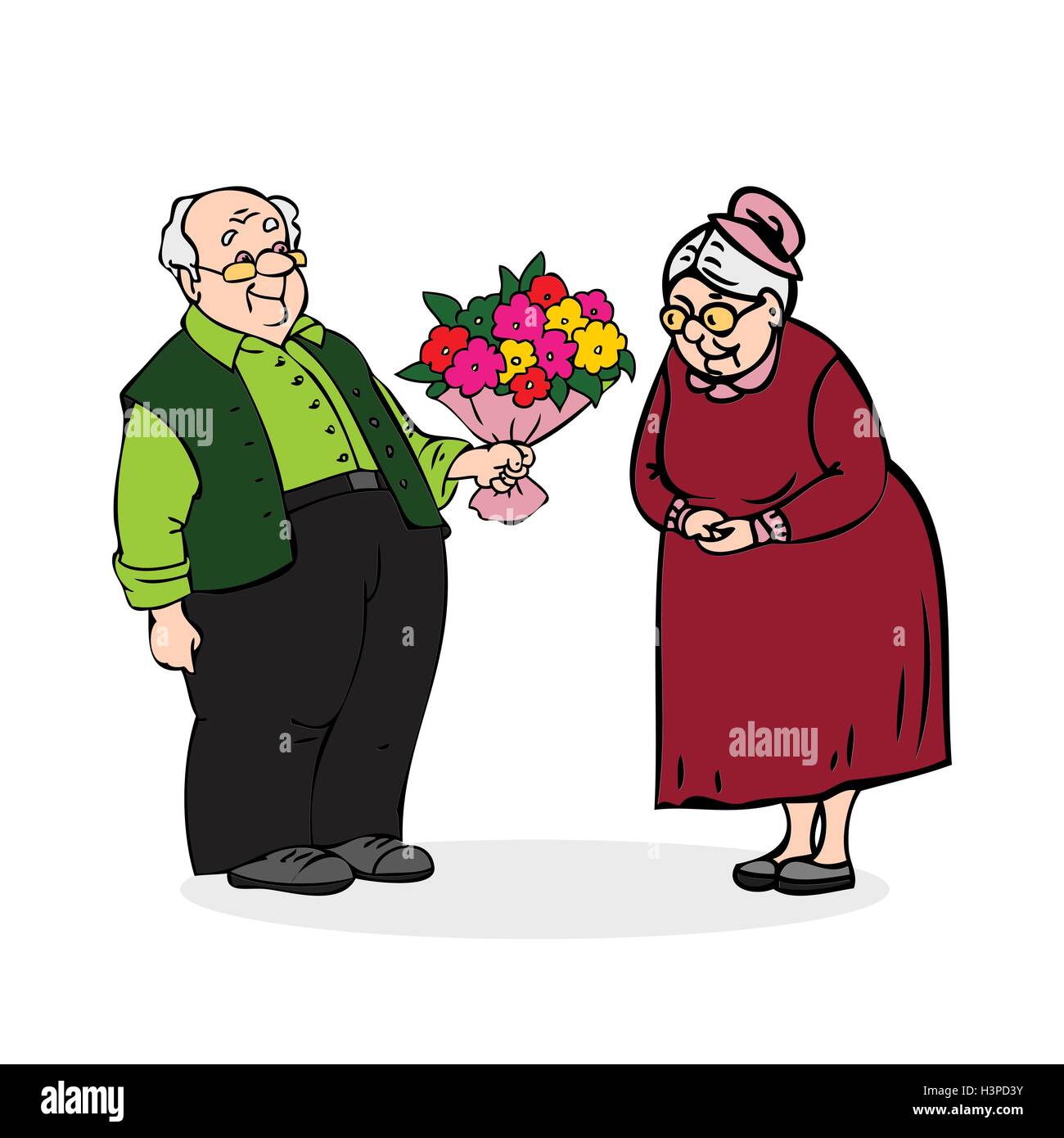 Happy elderly couple. Old man with a bouquet of flowers. Elderly men gives bouquet of elderly lady. Funny older man and a woman. Stock Vector