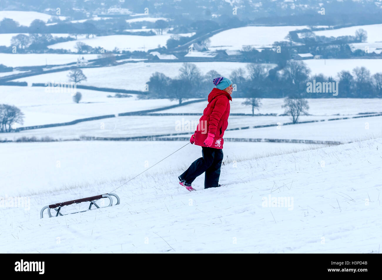 Sledging and fun in the snow at Clayton windmills Stock Photo