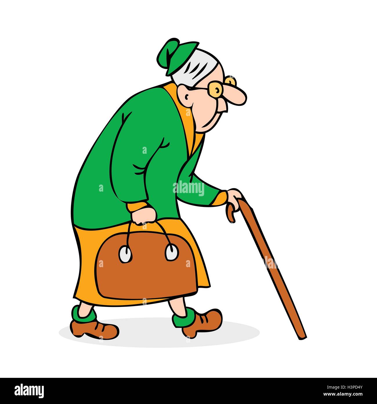 Old woman with cane and a bag. Grandmother with glasses walking ...