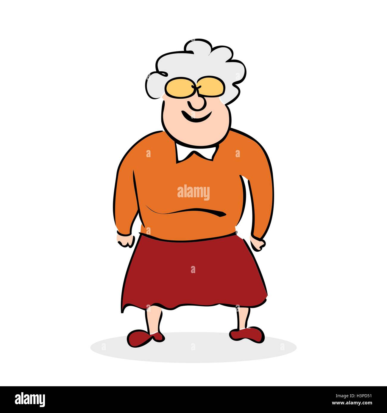 Funny elderly lady with glasses. Grandmother standing. Colorful cartoon vector illustration on white background Stock Vector