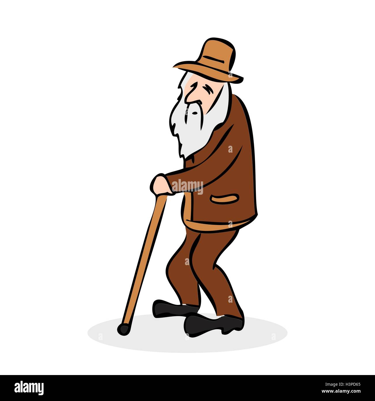 Funny old man with hat and walking cane. Grandfather with a long beard. Colorful cartoon vector illustration on white background Stock Vector