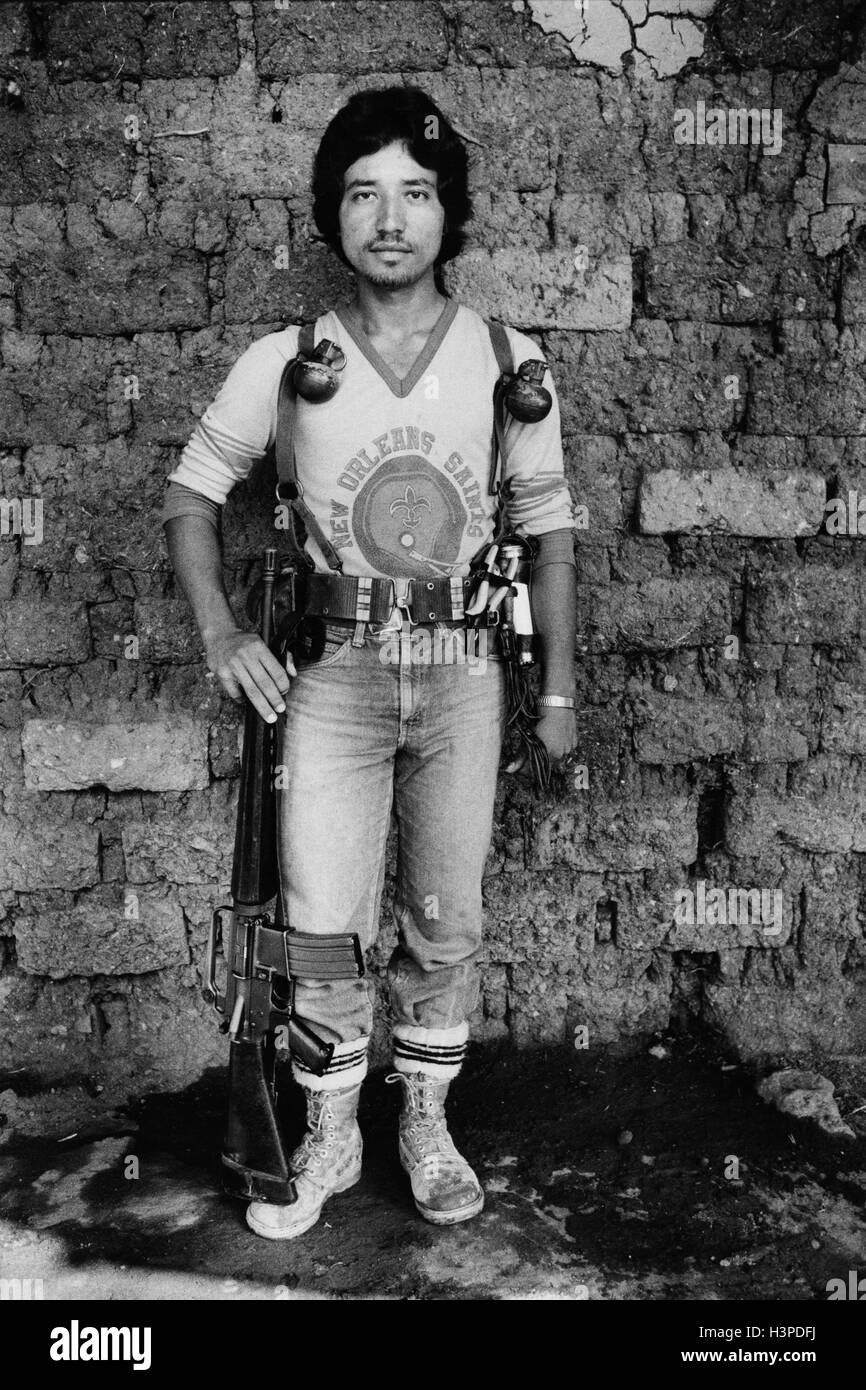 CHALATENANGO,  EL SALVADOR, FEB 1984: - Within the FPL Guerrilla's Zones of Control   As FPL guerrilla fighter, with US made equipment.  It is estimated that 23% of the kit supplied to the Salvadoran army made it's way to the FMLN. Stock Photo