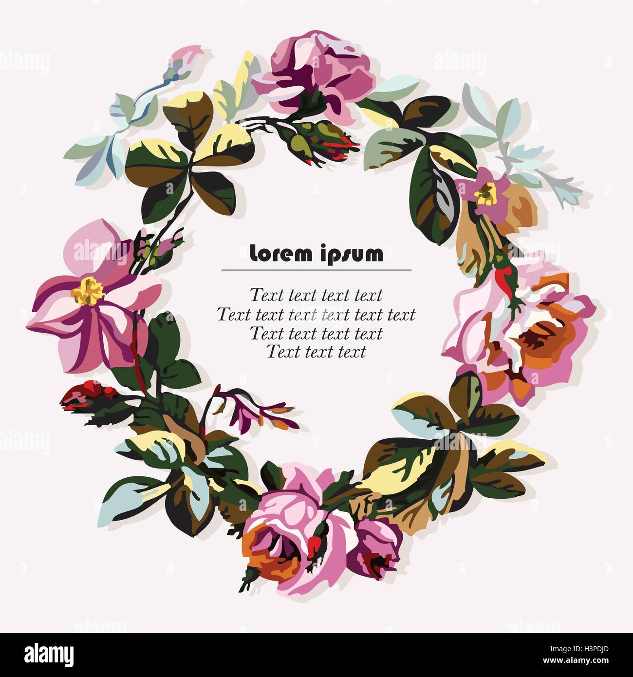 Vector colorful illustration of a beautiful floral wreath with roses ...