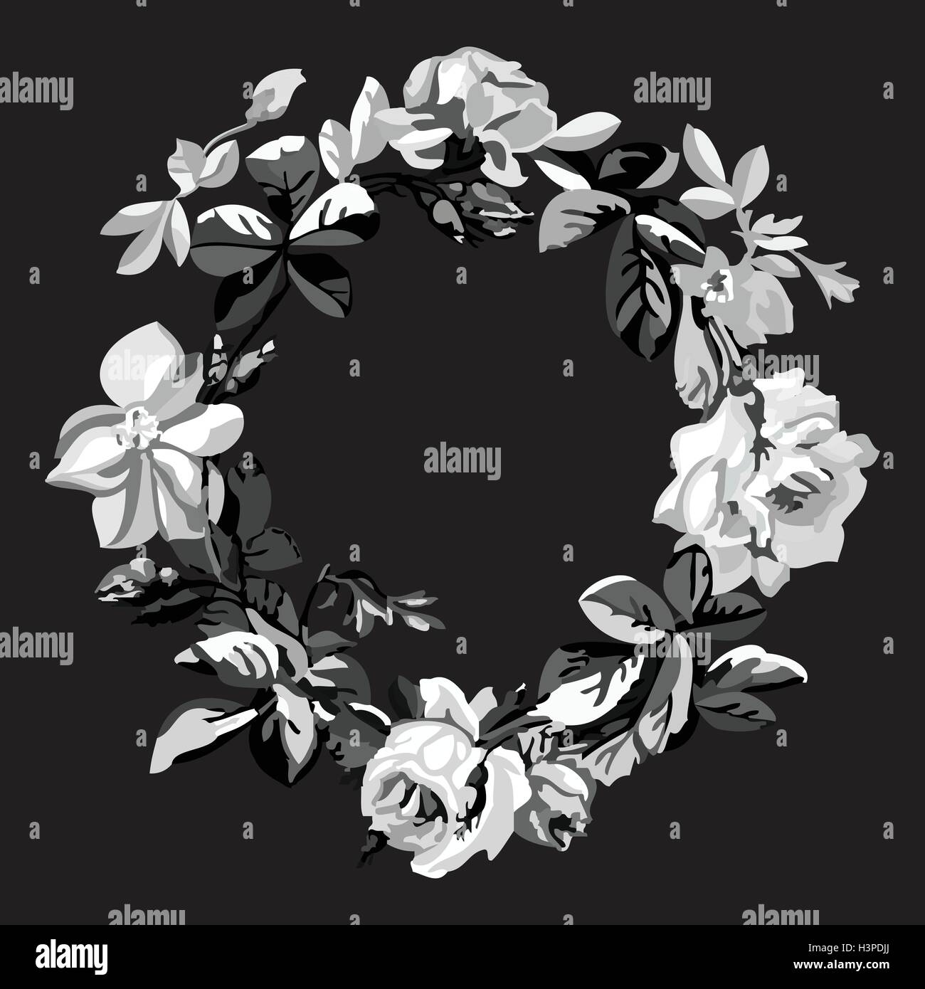 Vector black and white illustration of a beautiful floral wreath with