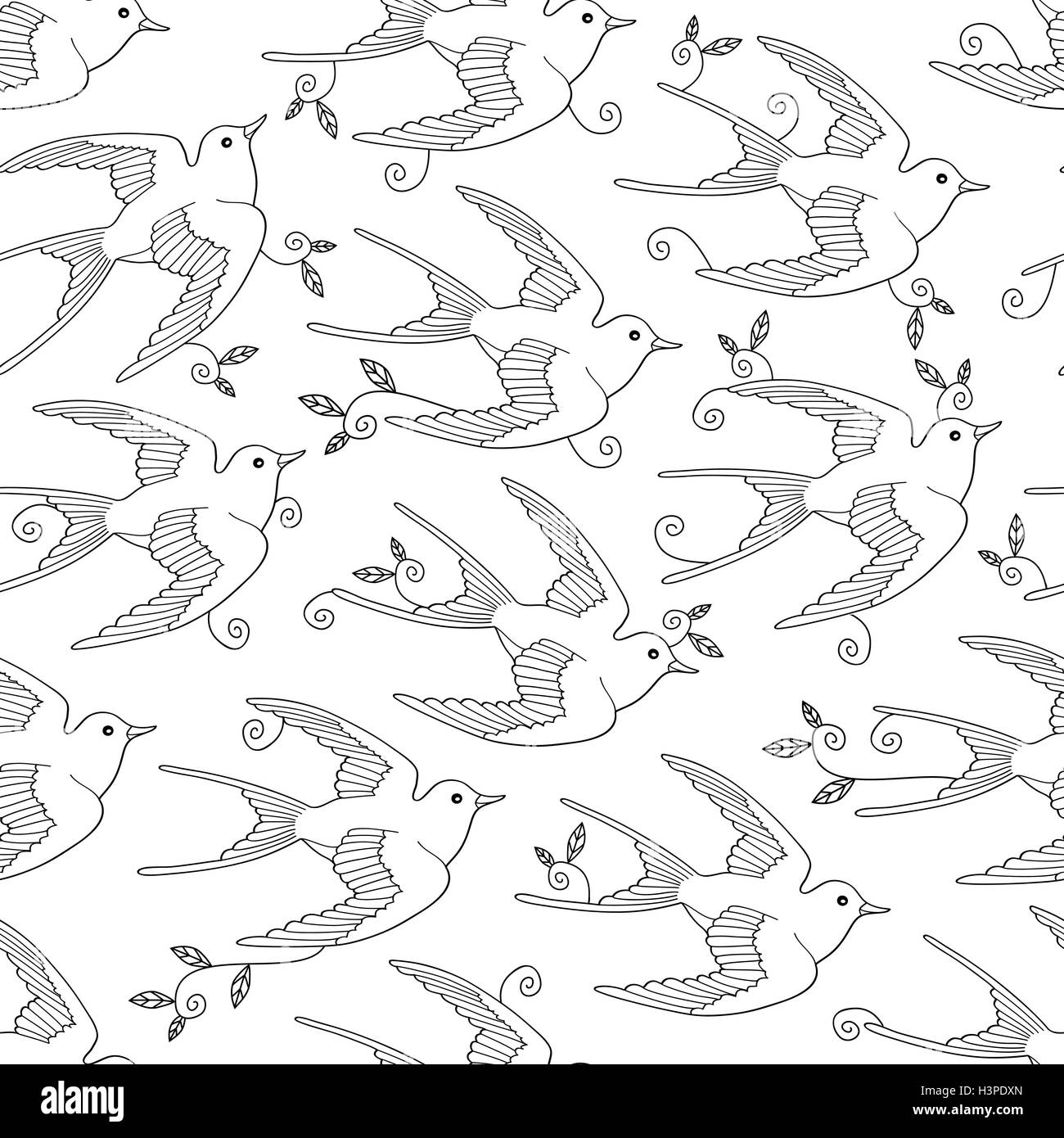 Seamless pattern with swallow bird flying leafs hand drawn Stock Vector ...