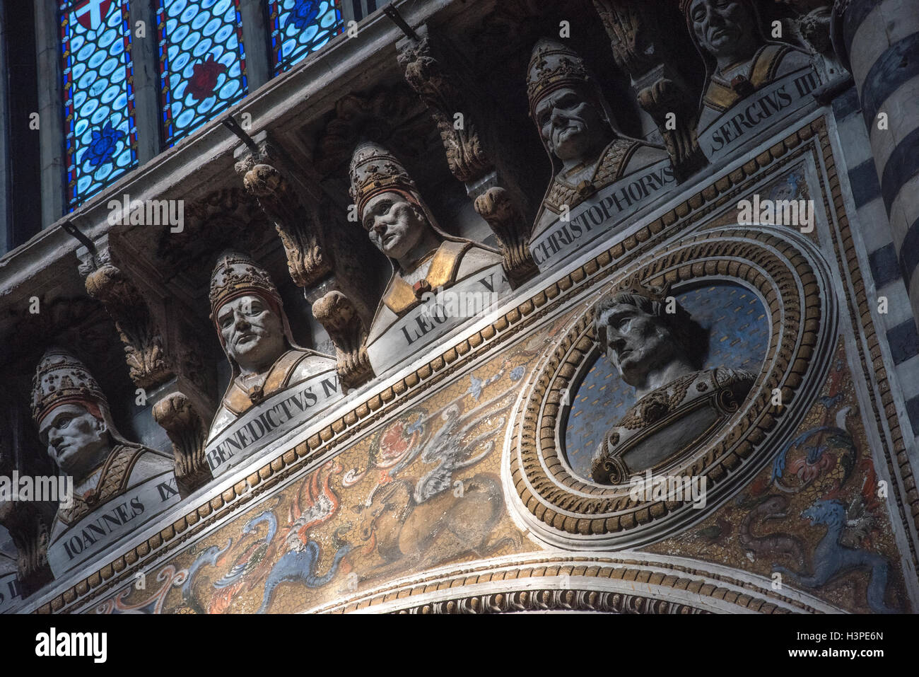 Siena, Tuscany, Italy. September 2016 The Duomo or Cathedral interior view showing Popes of Italy Stock Photo