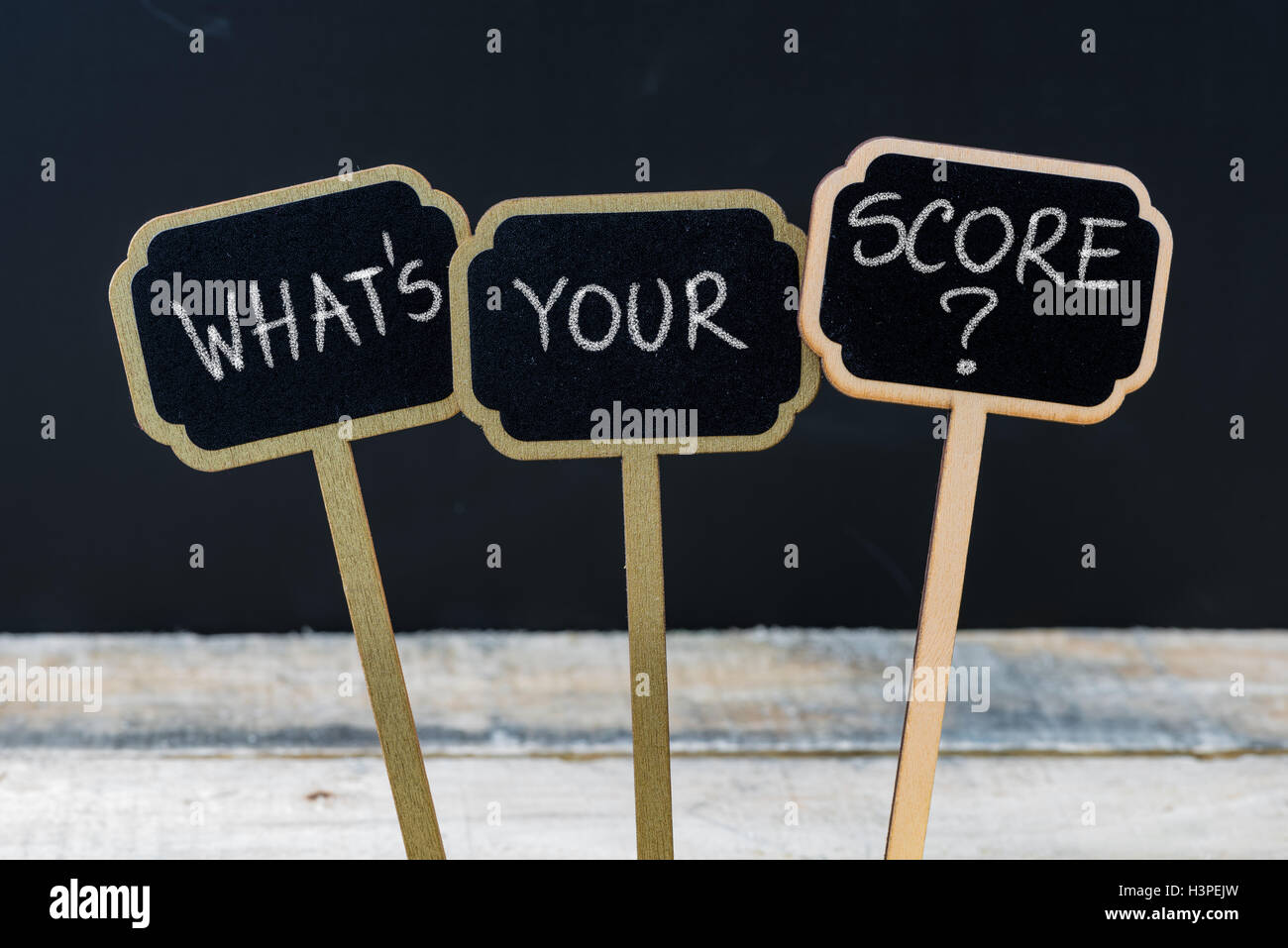 Business message WHAT IS YOUR SCORE ? written with chalk on wooden mini blackboard labels Stock Photo