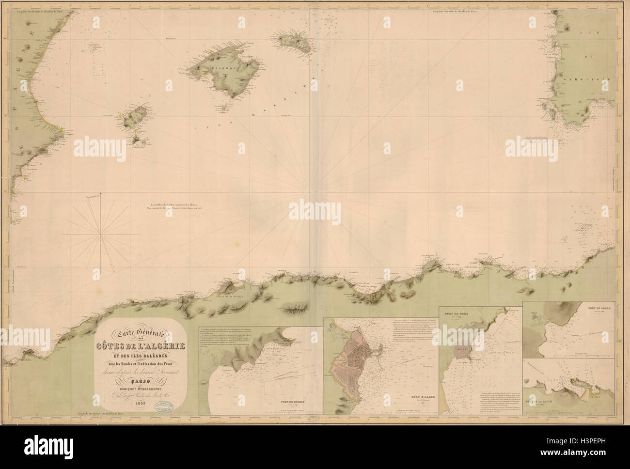 'Côtes de L'Algérie et des Iles Baléares' ROBIQUET. Balearics sea chart 1853 map Stock Photo