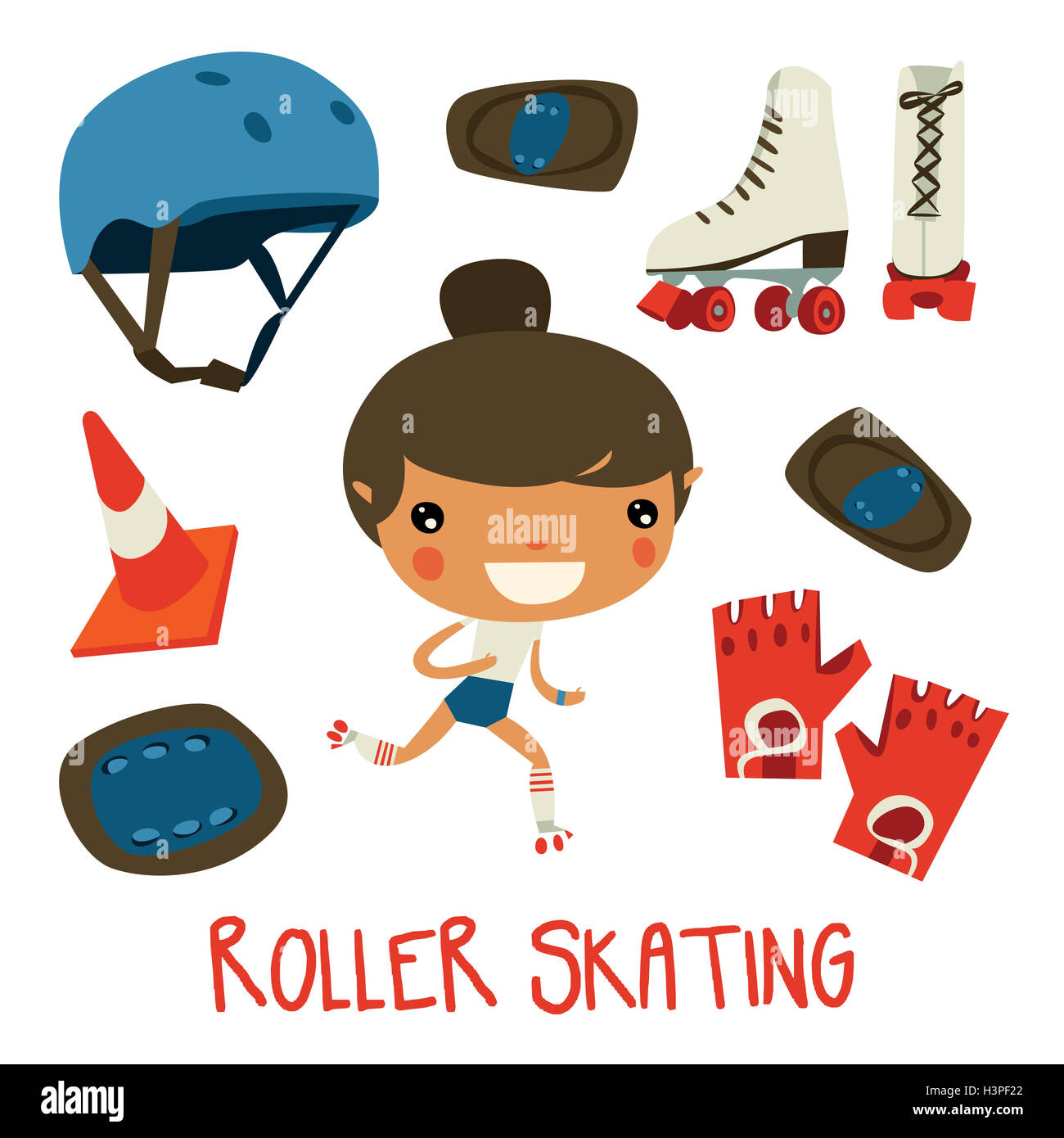 roller skating girl. cute cartoon character and equipment set. protective gloves, helmet and stuff Stock Photo