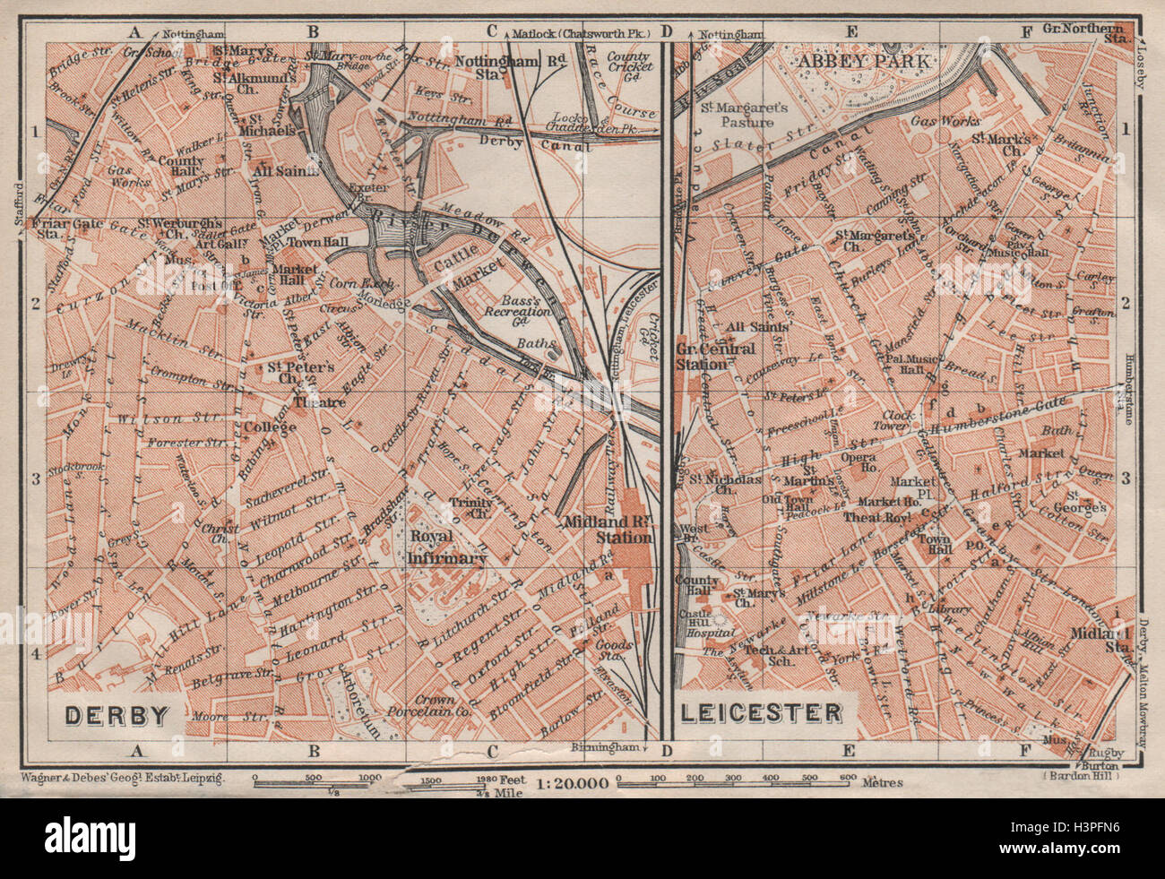 DERBY & LEICESTER antique town city plans. Midlands. BAEDEKER 1906 old map Stock Photo