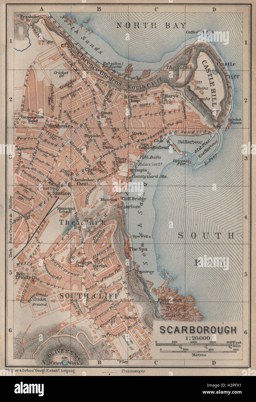 Scarborough Old Town Map Scarborough Antique Town City Plan. South Cliff. Yorkshire. Baedeker 1906  Map Stock Photo - Alamy