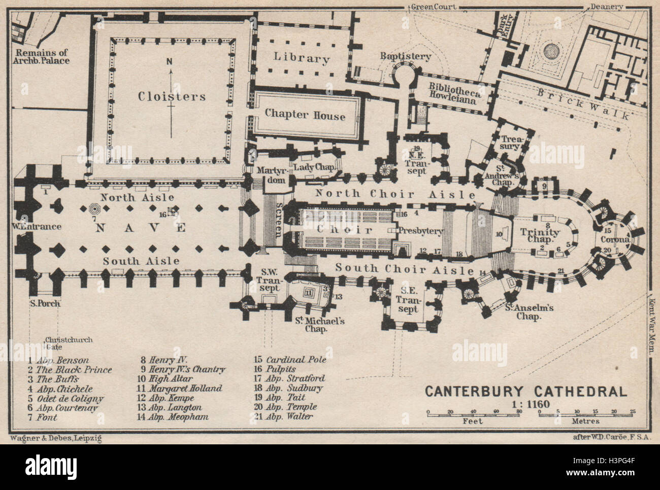 BAEDEKER 1910 old antique map chart Kent CANTERBURY CATHEDRAL ground plan