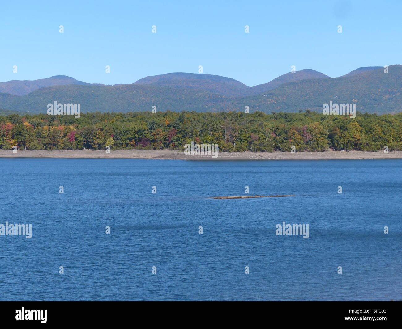 Ashokan Reservoir with only 60% capacity due to drought. This lake is one of several in Upstate New York. NYC water supply Stock Photo