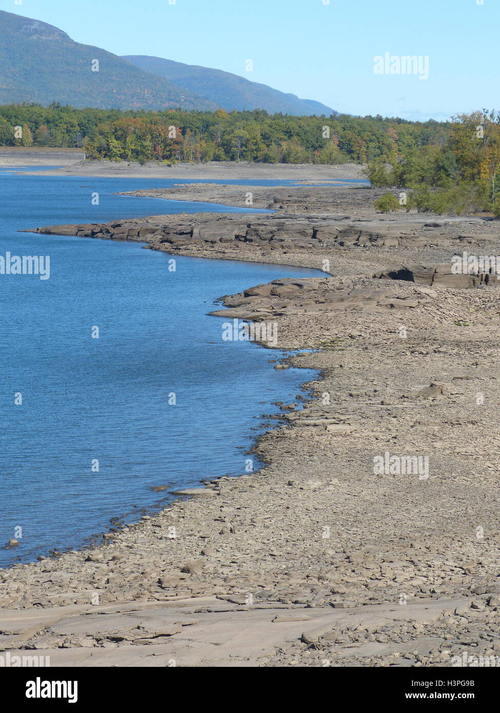 Ashokan Reservoir with only 60% capacity due to drought. This lake is one of several in Upstate New York. NYC water supply Stock Photo